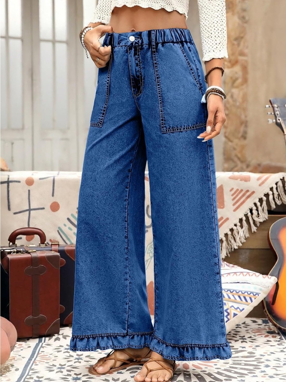 Wide Leg Ruffle Hem Jeans